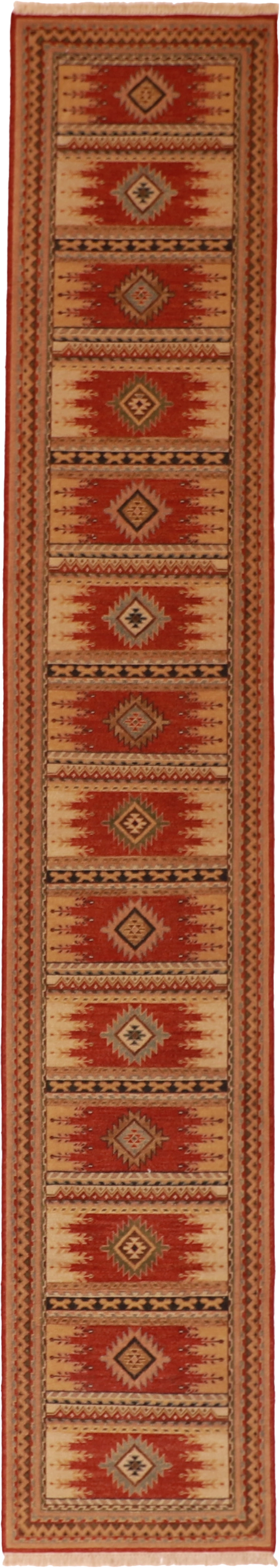 W 2.6 L 14 Sumak Heriz Runner 100% Wool Hand-Woven Geometric Design - 62109