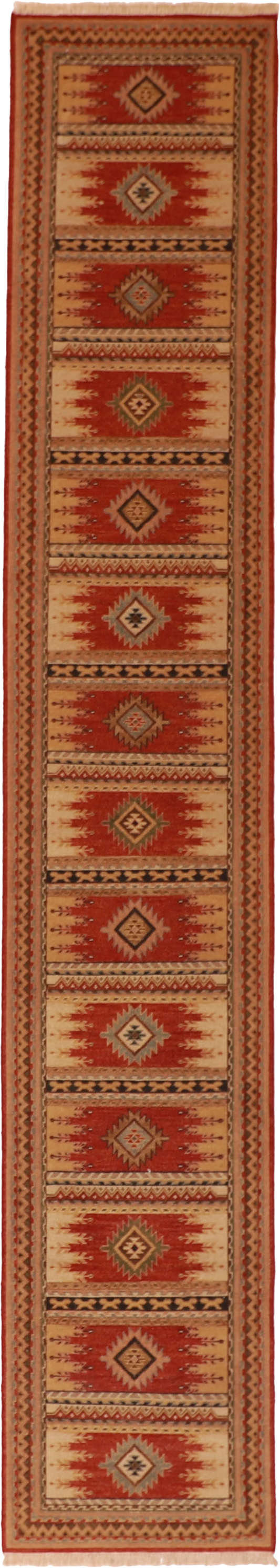 W 2.6 L 14 Sumak Heriz Runner 100% Wool Hand-Woven Geometric Design - 62109