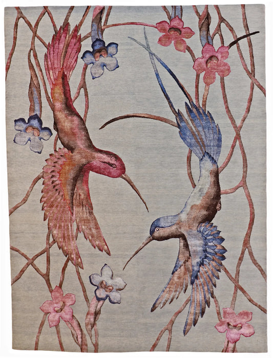 W 9 L 12 Humming Bird Wool And Silk Blend Hand-Woven Contemporary Design - 62295