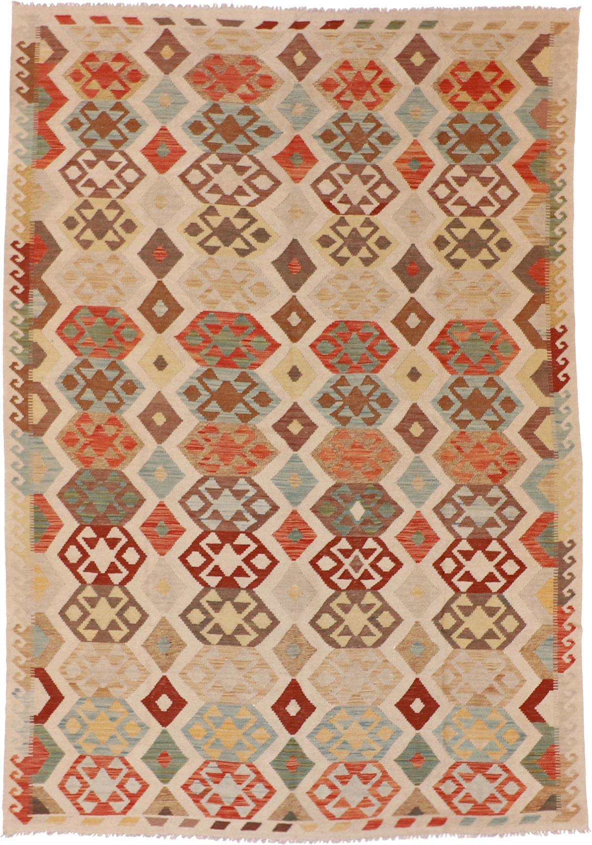 W 6.9 L 9.9 Kilim 100% Wool Hand-Woven All-Over Design - 62415