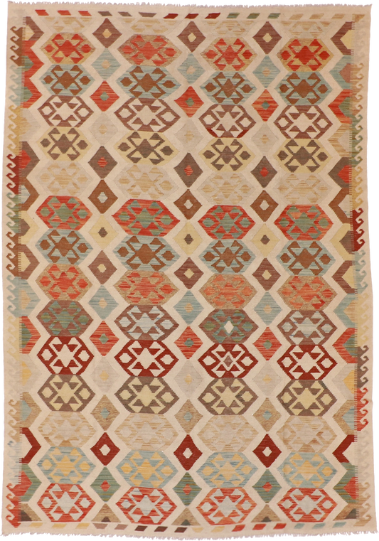 W 6.9 L 9.9 Kilim 100% Wool Hand-Woven All-Over Design - 62415