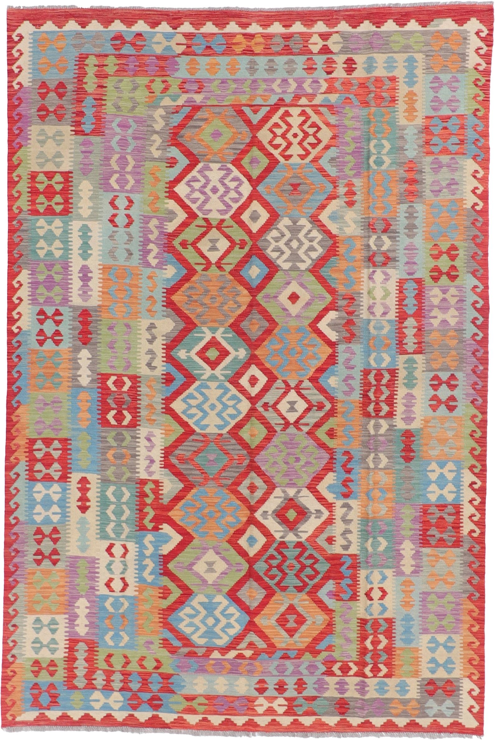 W 6.7 L 9.9 Kilim 100% Wool Hand-Woven All-Over Design - 62417