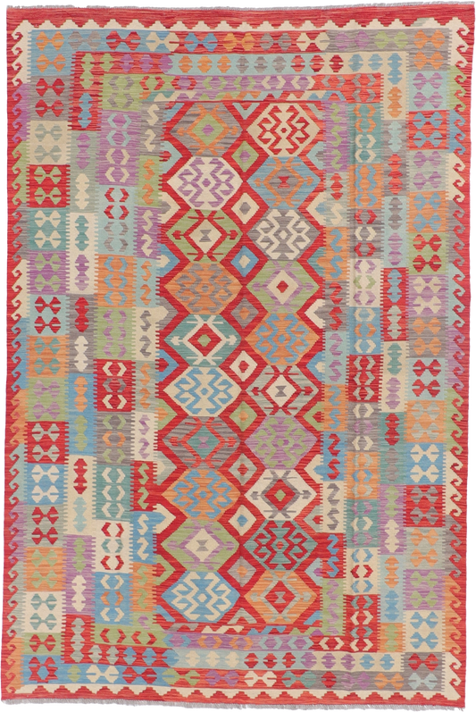 W 6.7 L 9.9 Kilim 100% Wool Hand-Woven All-Over Design - 62417