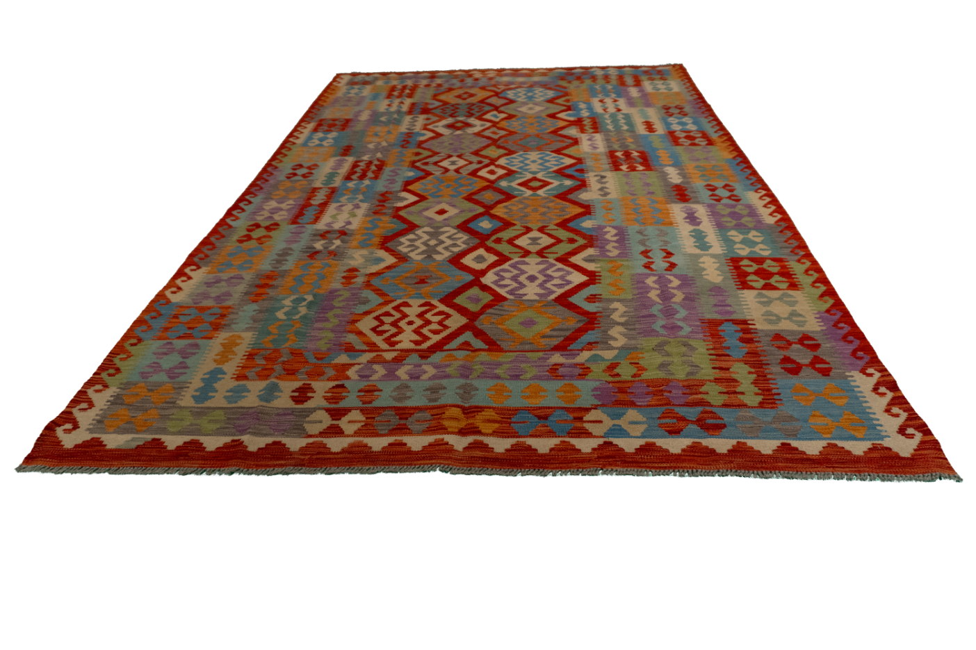 W 6.7 L 9.9 Kilim 100% Wool Hand-Woven All-Over Design - 62417