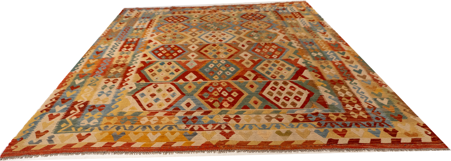 W 8.2 L 10.6 Kilim 100% Wool Hand-Woven All-Over Design - 62435