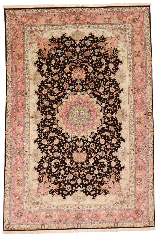 4.10 x 7.2 - Tabriz Floral Rectangle - Wool & Silk Blend Hand Knotted Rug — 62500