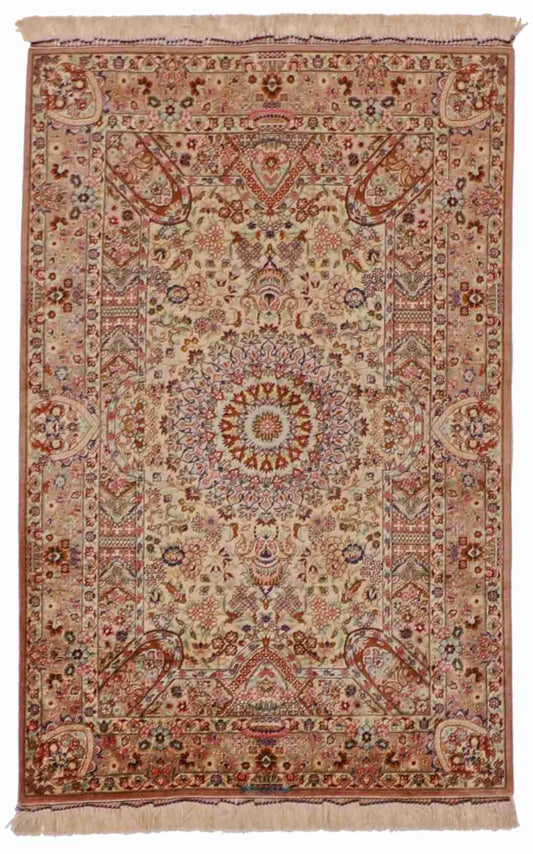 2.7 x 4 - Qum Fine/Silk Floral Rectangle - Finest Hand-Knotted Quality Wool — 62525