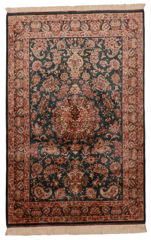 3.2 x 5 - Qum Fine/Silk Floral Rectangle - Finest Hand-Knotted Quality Wool — 62526