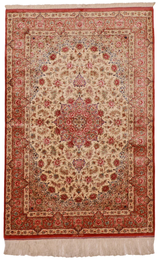 3.3 x 5 - Qum Fine/Silk Floral Rectangle - Finest Hand-Knotted Quality Wool — 62531