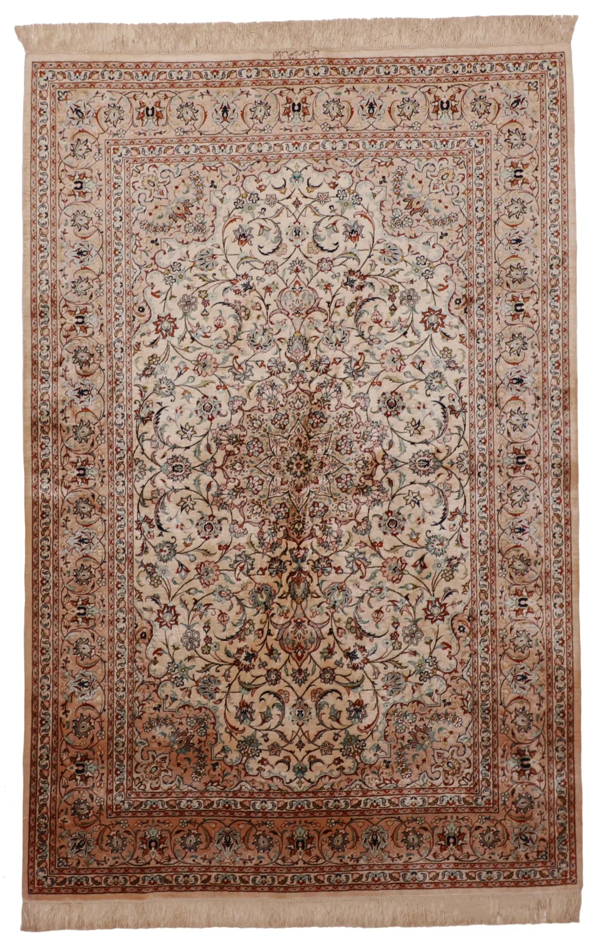 W 4.4 - L 6.6- Qum Fine/Silk Floral Rectangle - Finest Hand-Knotted Quality Wool - 62534