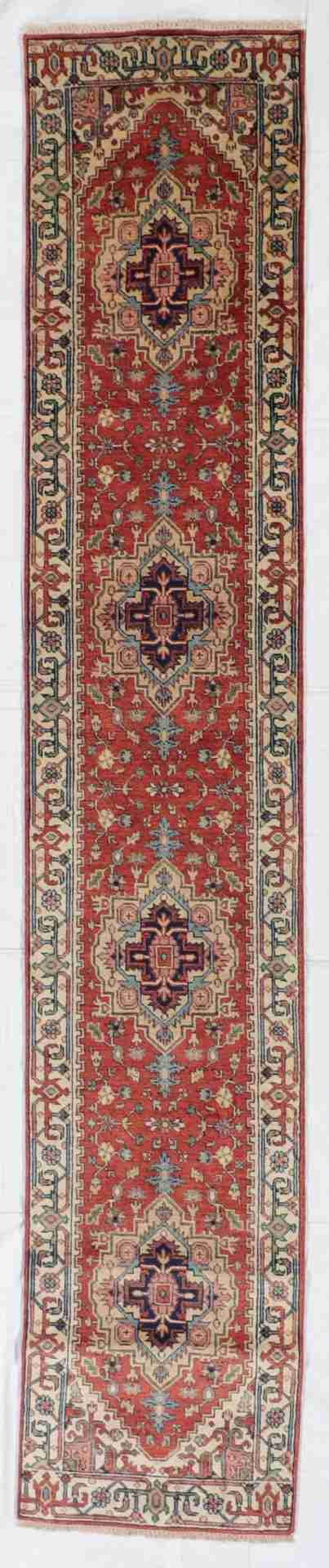 W 2.7 - L 14 - Serapie Fine/Wool Geometric Rectangle - Finest Hand-Knotted Quality Wool - 62966