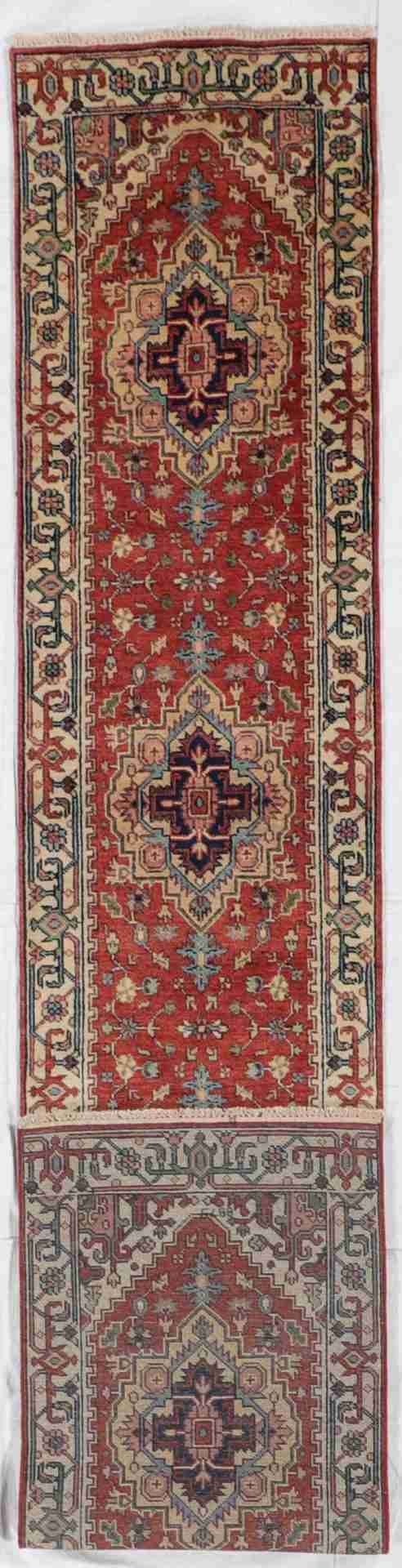 W 2.7 - L 14 - Serapie Fine/Wool Geometric Rectangle - Finest Hand-Knotted Quality Wool - 62966