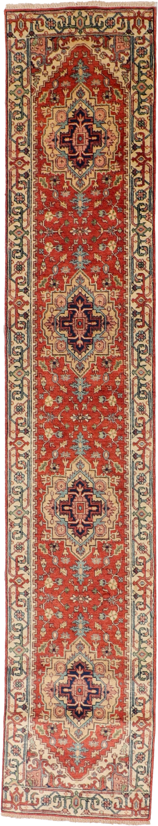 W 2.7 - L 14 - Serapie Fine/Wool Geometric Rectangle - Finest Hand-Knotted Quality Wool - 62966