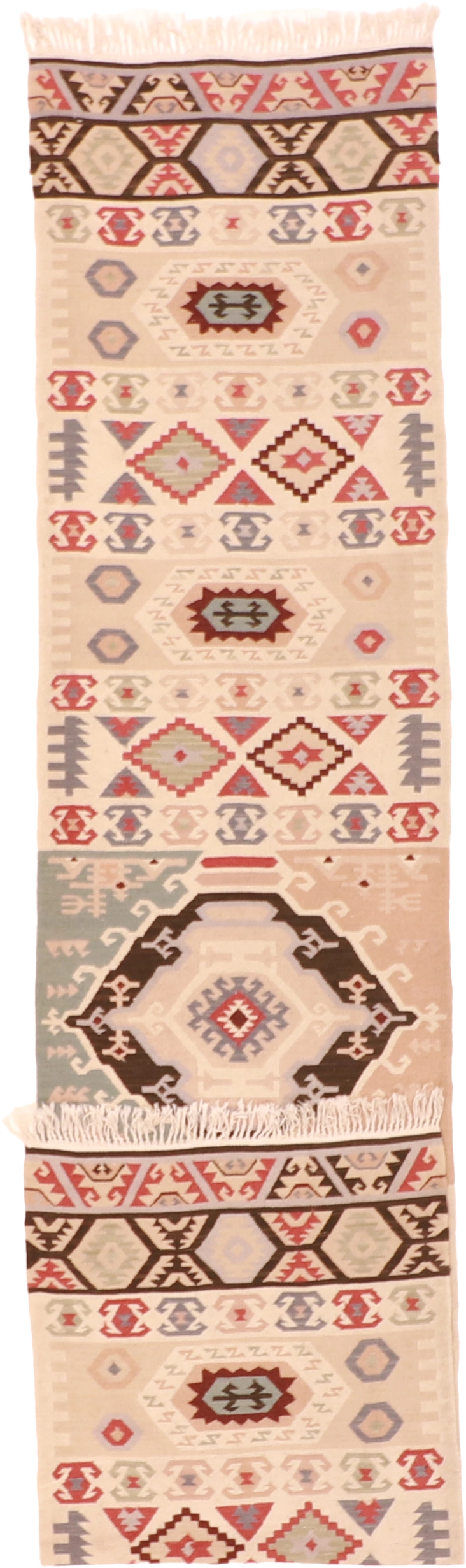 W 2.6 L 11.7 Kilim Runner 100% Wool Hand-Woven Geometric Design - 63189