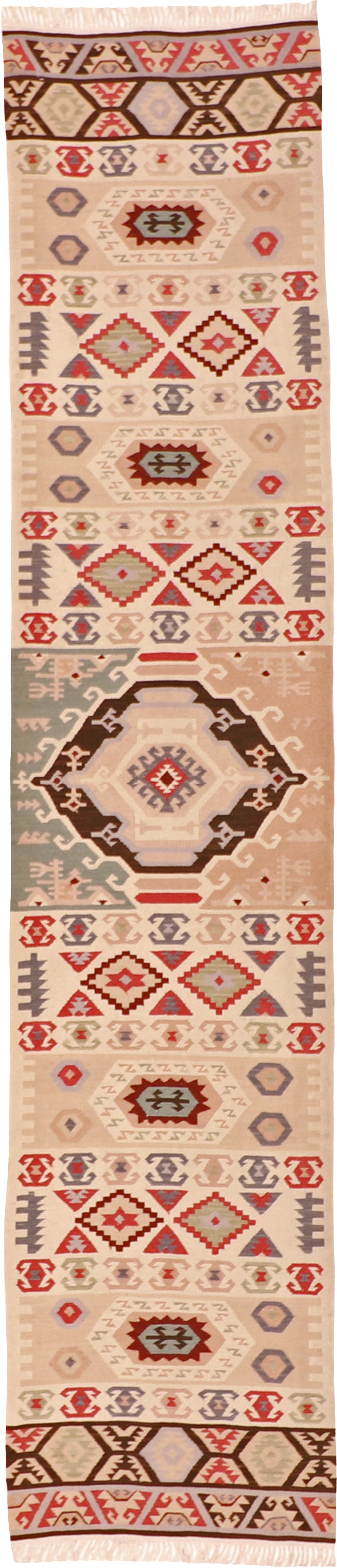 W 2.6 L 11.7 Kilim Runner 100% Wool Hand-Woven Geometric Design - 63189
