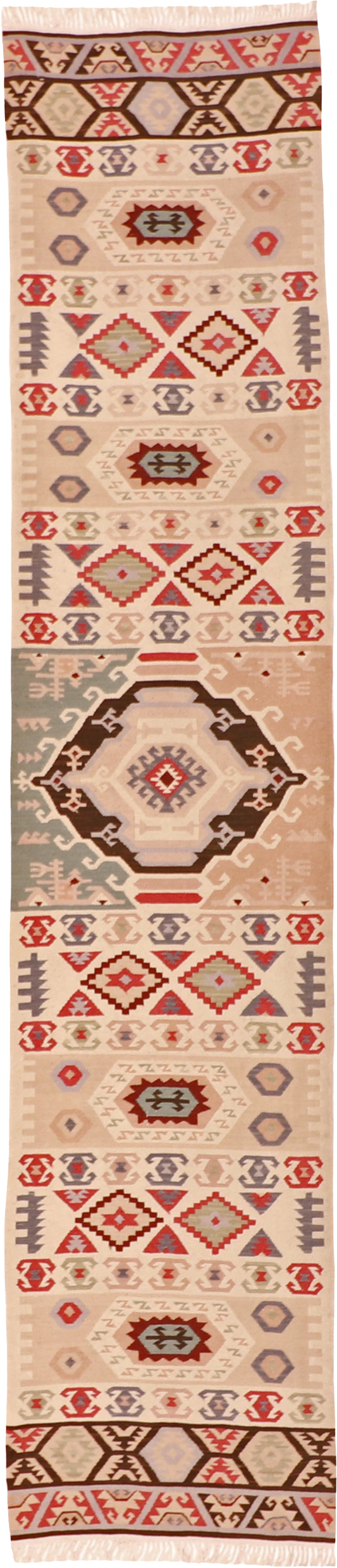 W 2.6 L 11.7 Kilim Runner 100% Wool Hand-Woven Geometric Design - 63189