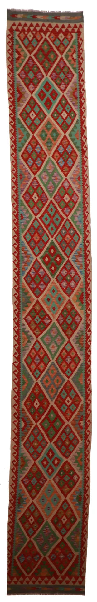 W 2.9 - L 19.10 - Kilim Fine/Wool Geometric Rectangle - Finest Hand-Made Quality Wool - 63311