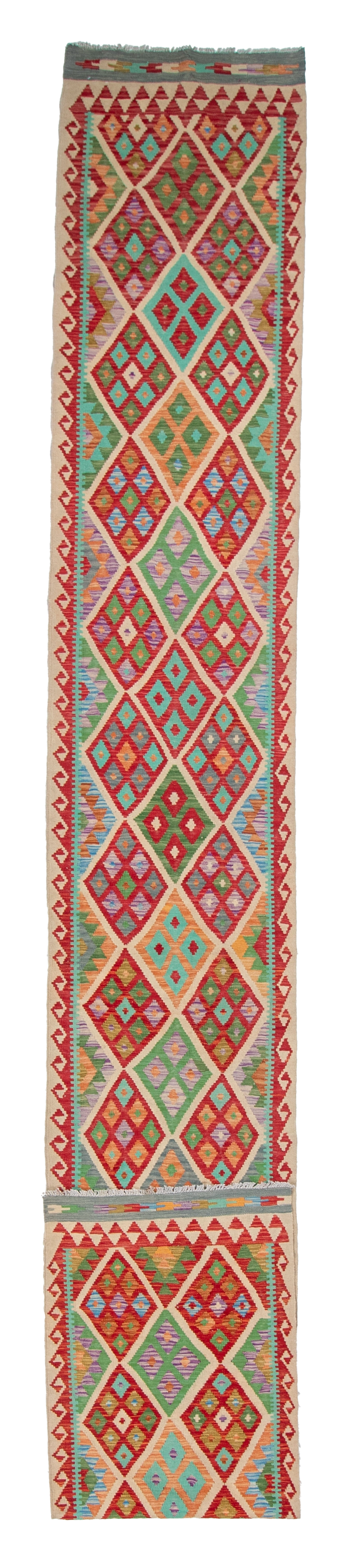 W 2.9 L 19.10 Kilim Runner 100% Wool Hand-Woven Geometric Design - 63311