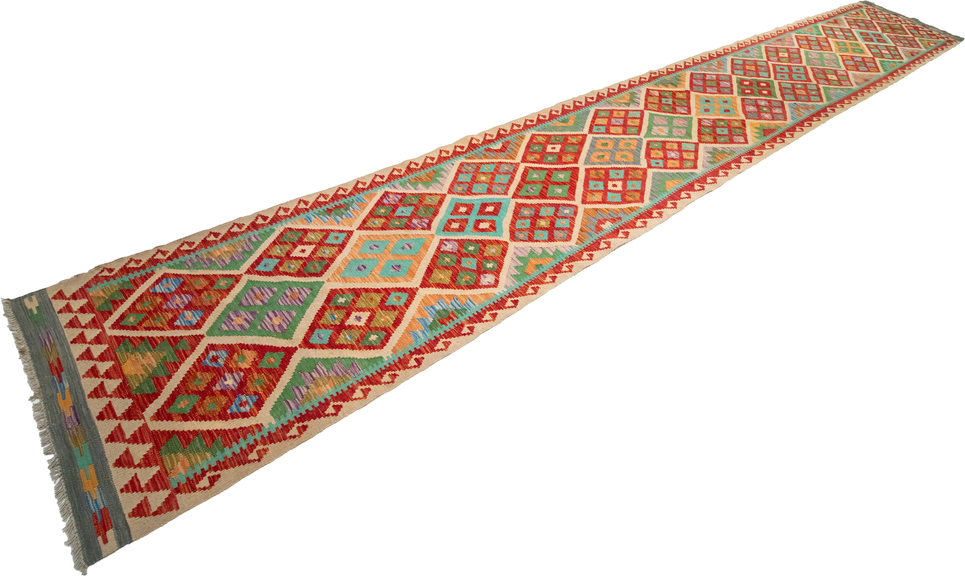 W 2.9 L 19.10 Kilim Runner 100% Wool Hand-Woven Geometric Design - 63311