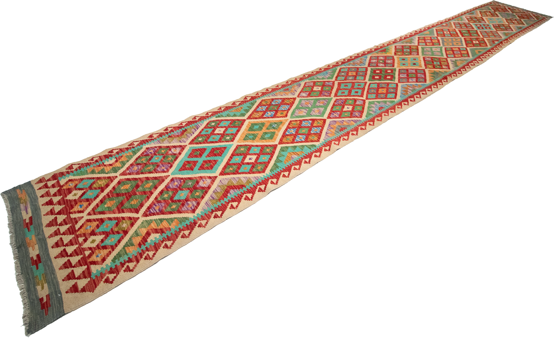 W 2.9 L 19.10 Kilim Runner 100% Wool Hand-Woven Geometric Design - 63311