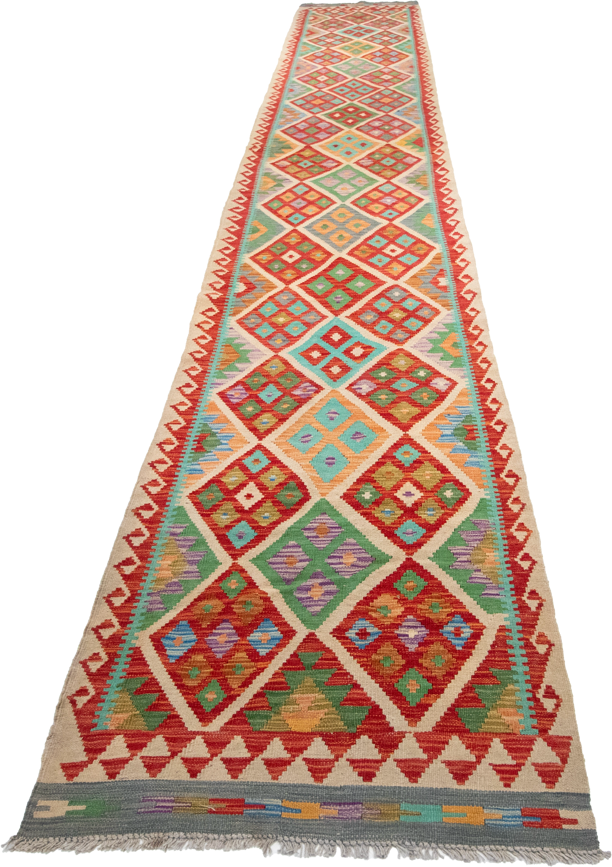 W 2.9 L 19.10 Kilim Runner 100% Wool Hand-Woven Geometric Design - 63311