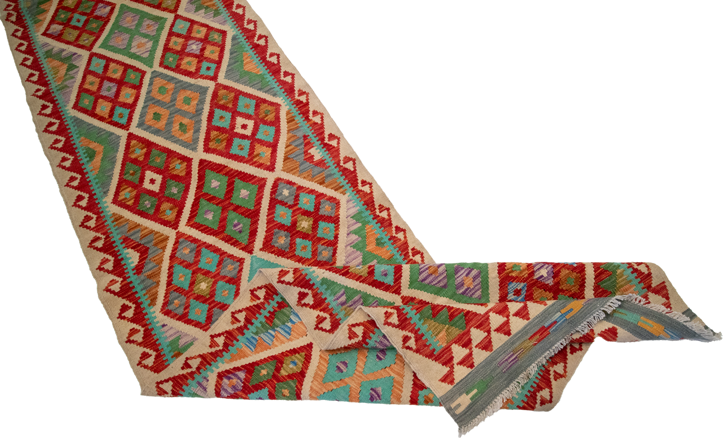 W 2.9 L 19.10 Kilim Runner 100% Wool Hand-Woven Geometric Design - 63311