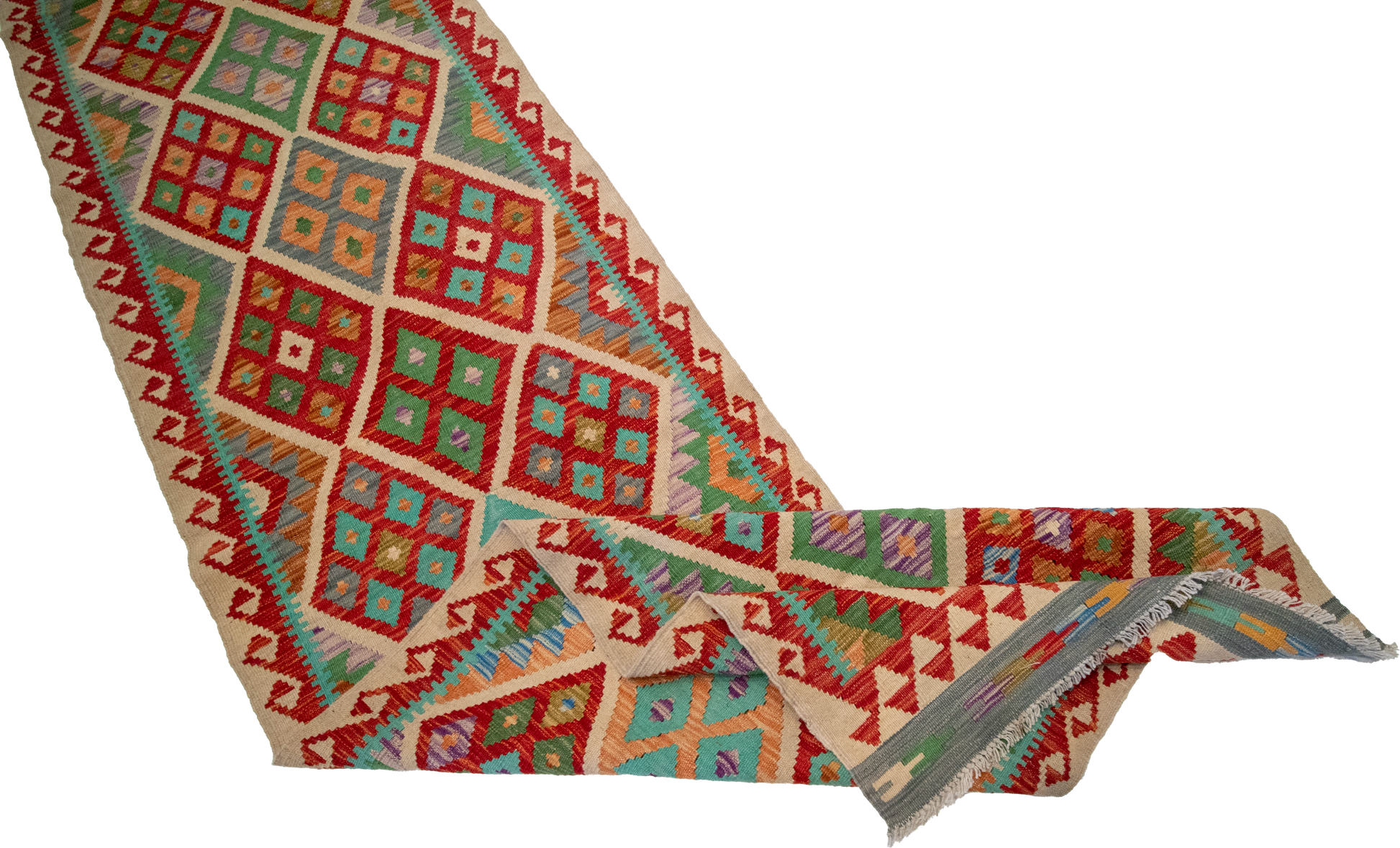W 2.9 L 19.10 Kilim Runner 100% Wool Hand-Woven Geometric Design - 63311