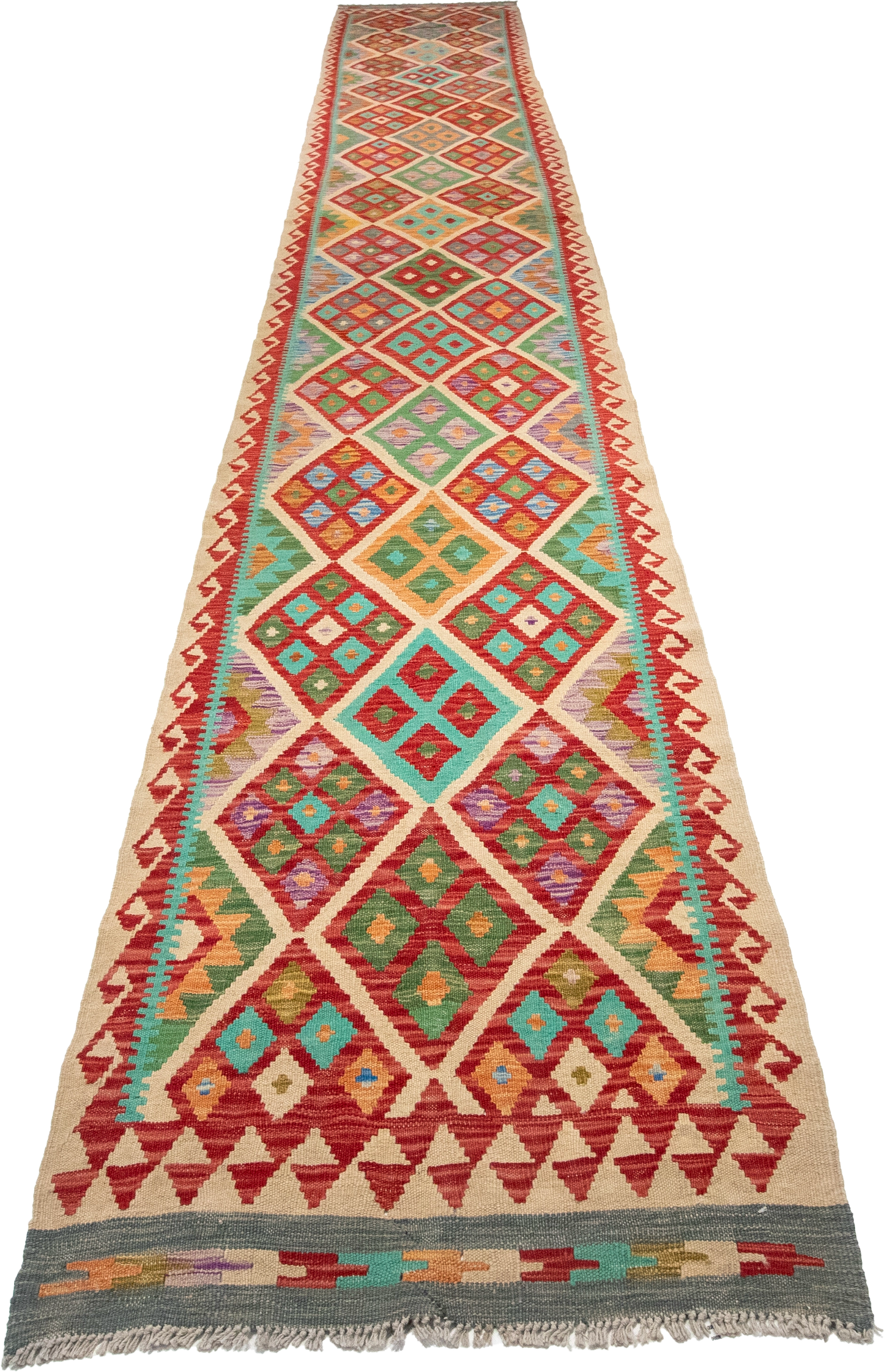 W 2.9 L 19.10 Kilim Runner 100% Wool Hand-Woven Geometric Design - 63311