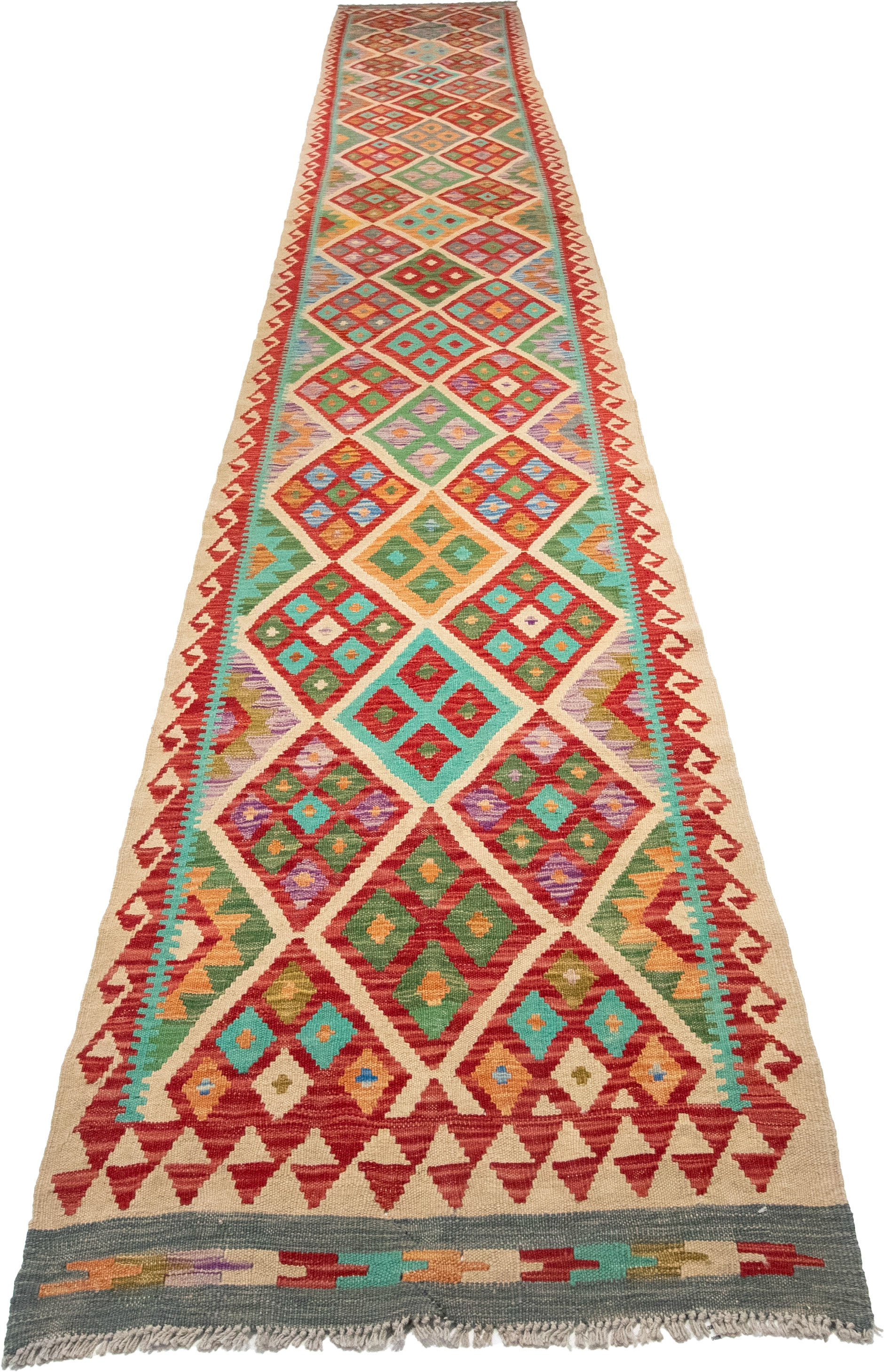 W 2.9 L 19.10 Kilim Runner 100% Wool Hand-Woven Geometric Design - 63311
