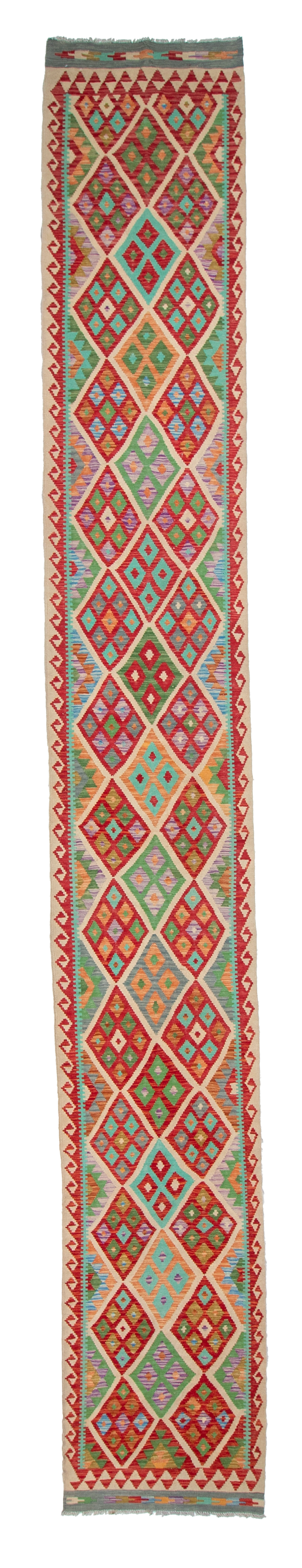 W 2.9 L 19.10 Kilim Runner 100% Wool Hand-Woven Geometric Design - 63311