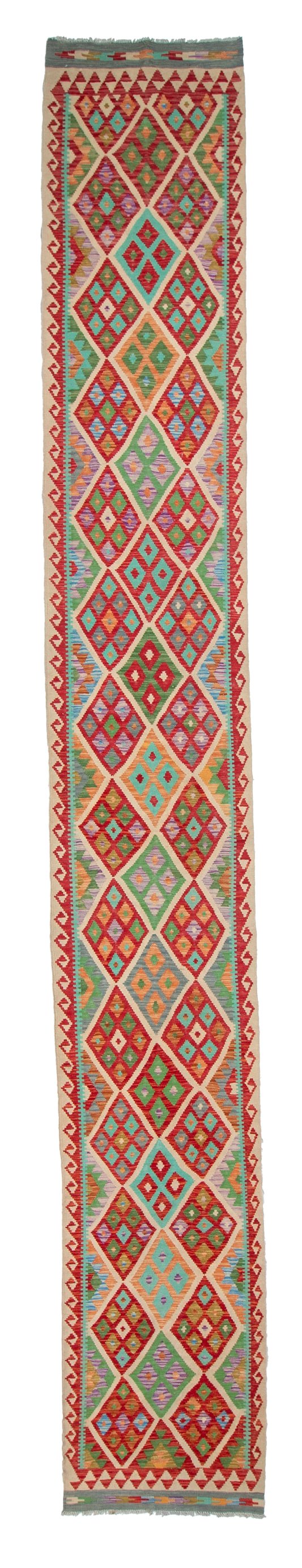 W 2.9 L 19.10 Kilim Runner 100% Wool Hand-Woven Geometric Design - 63311
