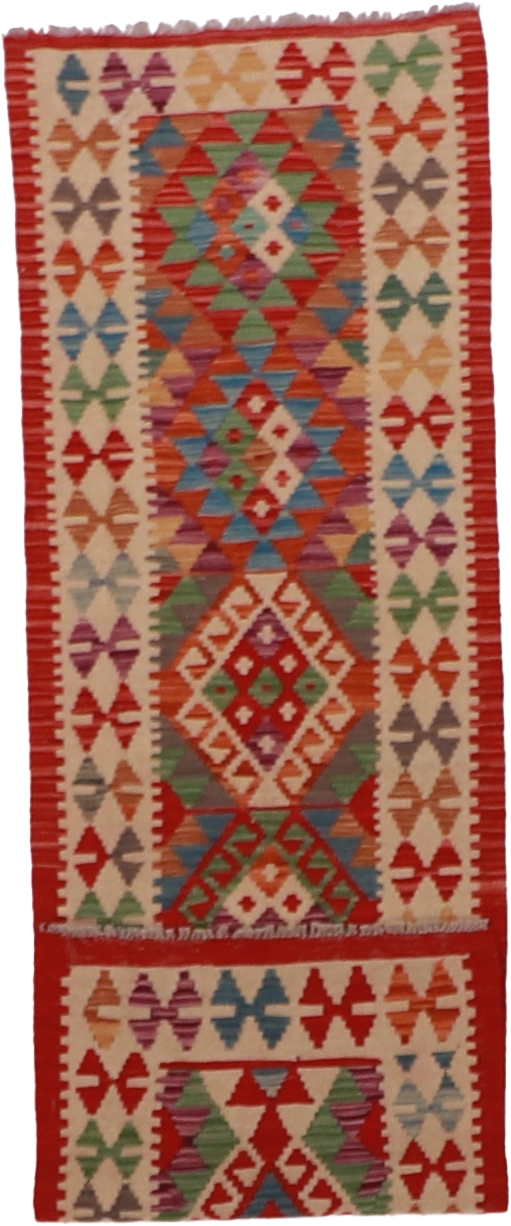 W 2 L 6.5 Kilim Runner 100% Wool Hand-Woven Geometric Design - 63318