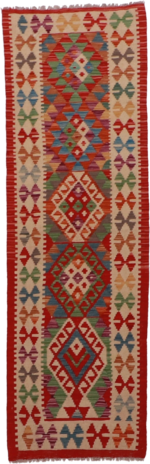 W 2 L 6.5 Kilim Runner 100% Wool Hand-Woven Geometric Design - 63318