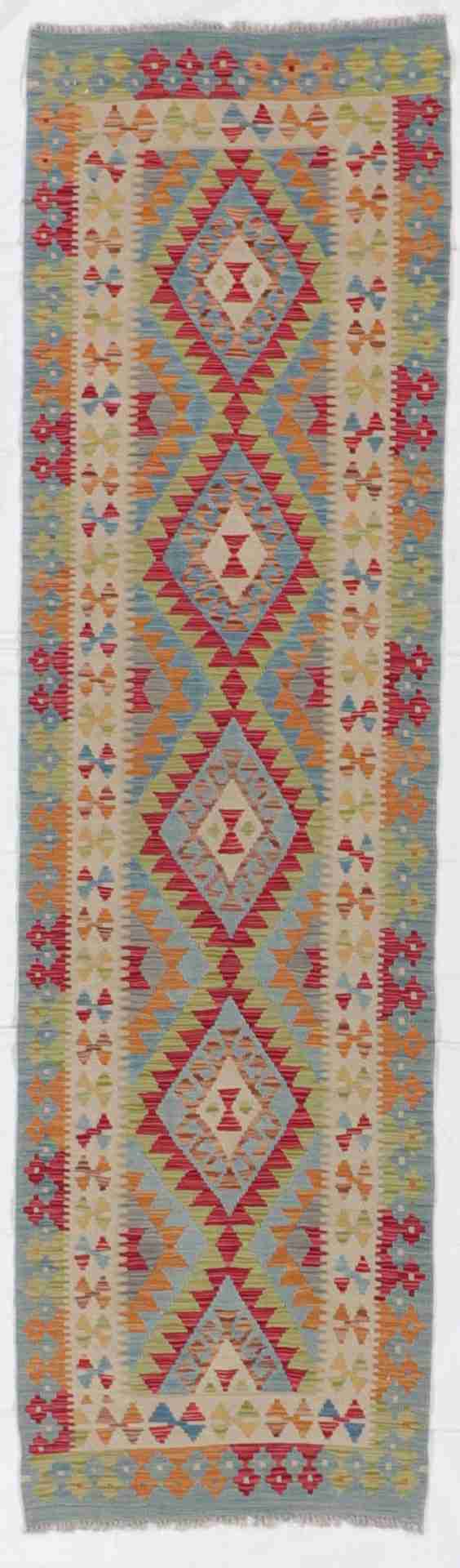 W 2.8 - L 9.5 - Kilim Fine/Wool Geometric Rectangle - Finest Hand-Made Quality Wool - 63320