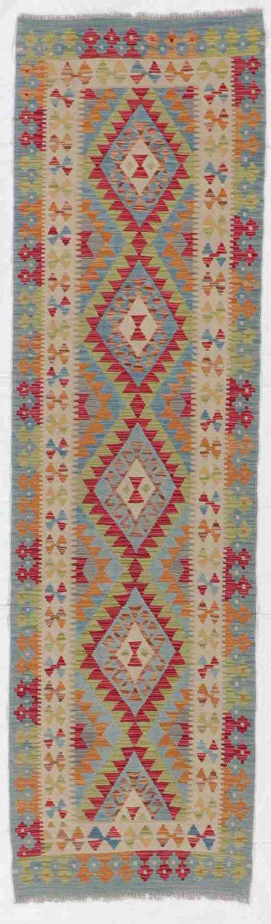 W 2.8 - L 9.5 - Kilim Fine/Wool Geometric Rectangle - Finest Hand-Made Quality Wool - 63320