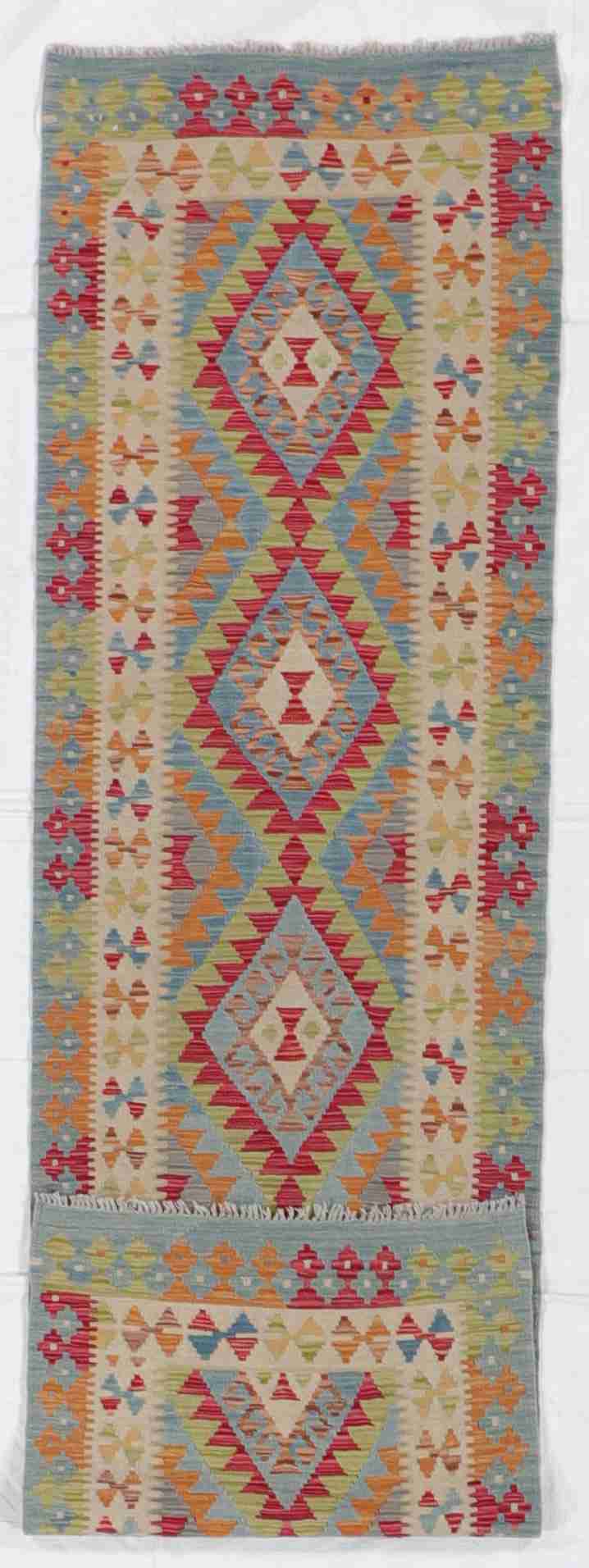 W 2.8 - L 9.5 - Kilim Fine/Wool Geometric Rectangle - Finest Hand-Made Quality Wool - 63320