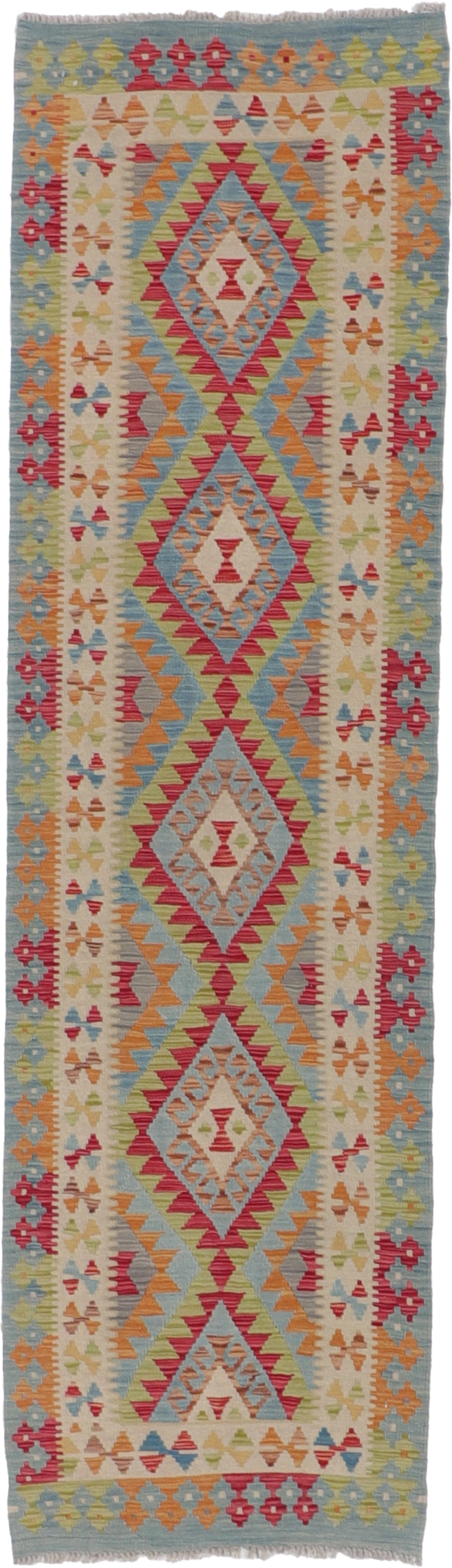 W 2.8 L 9.5 Kilim 100% Wool Hand-Woven Geometric Design - 63320