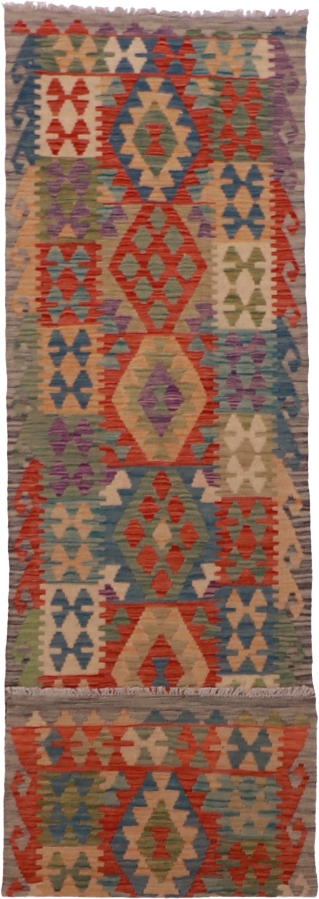W 2.7 L 9.7 Kilim Runner 100% Wool Hand-Woven Geometric Design - 63321