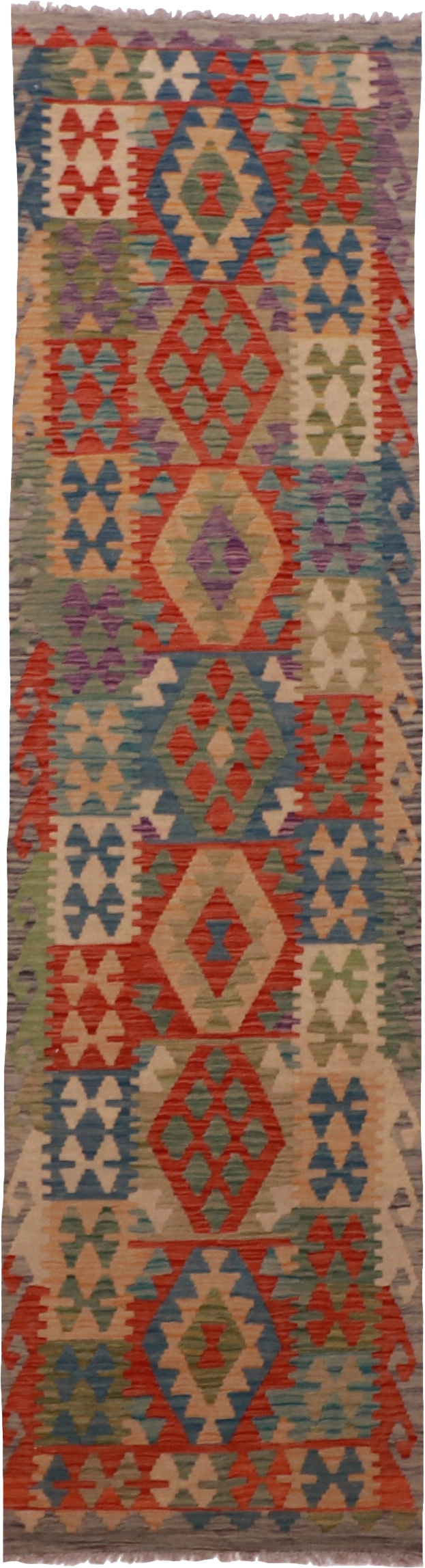 W 2.7 L 9.7 Kilim Runner 100% Wool Hand-Woven Geometric Design - 63321