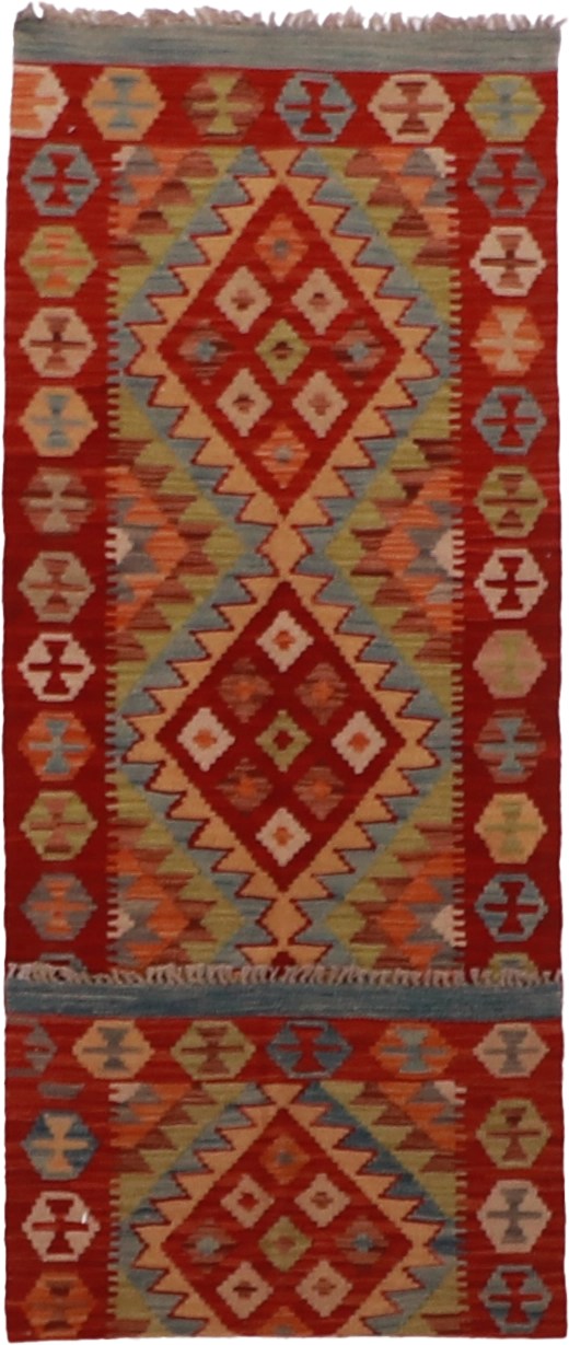 W 2.2 L 6.7 Kilim Runner 100% Wool Hand-Woven Geometric Design - 63325