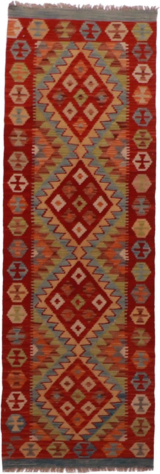 W 2.2 L 6.7 Kilim Runner 100% Wool Hand-Woven Geometric Design - 63325