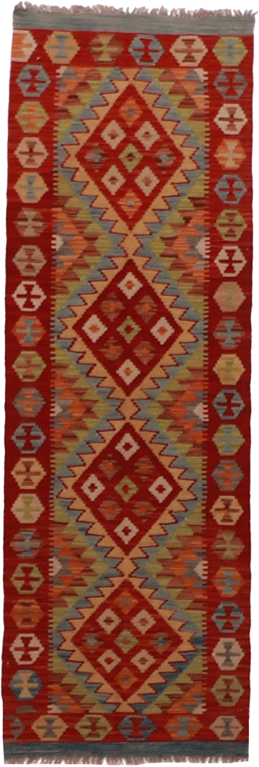 W 2.2 L 6.7 Kilim Runner 100% Wool Hand-Woven Geometric Design - 63325