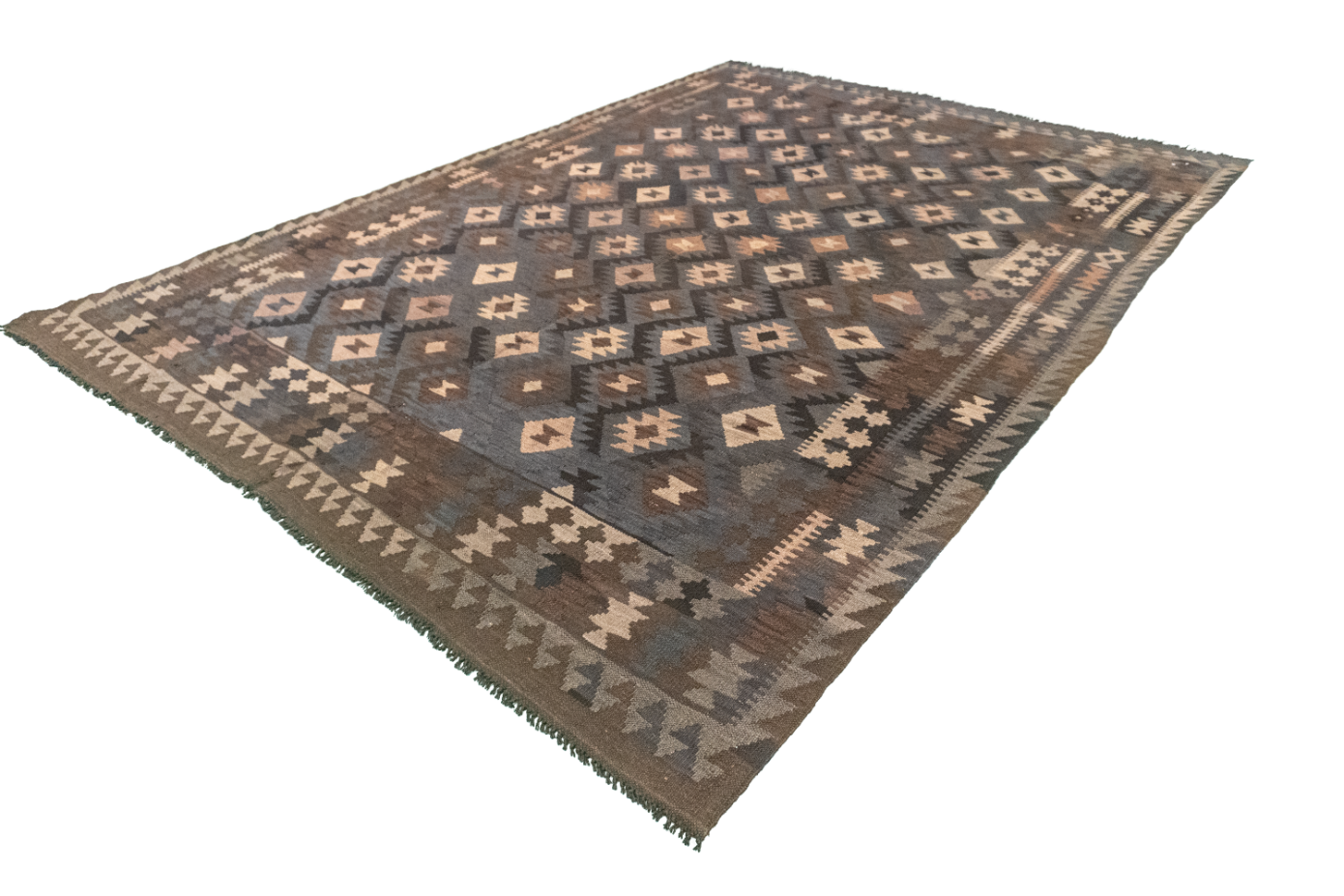 W 7 L 9.6 Kilim 100% Wool Hand-Woven Geometric Design - 63349