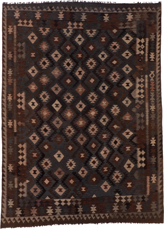 W 7 L 9.6 Kilim 100% Wool Hand-Woven Geometric Design - 63349