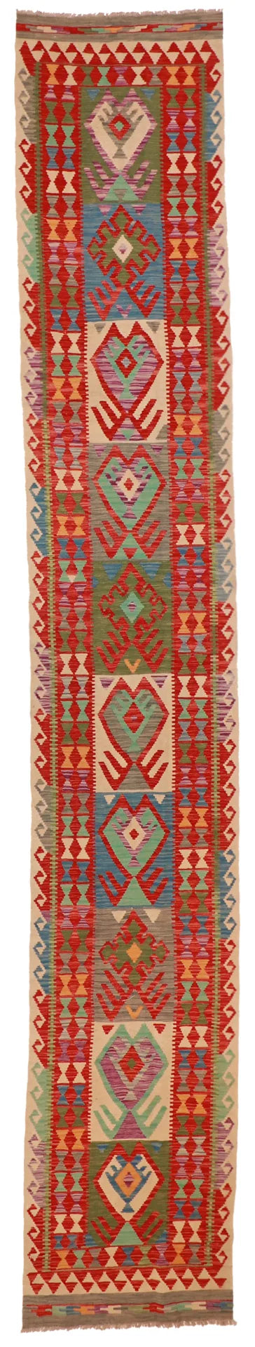 W 2.7 - L 16.4 - Kilim Fine/Wool Geometric Rectangle - Finest Hand-Made Quality Wool - 63380