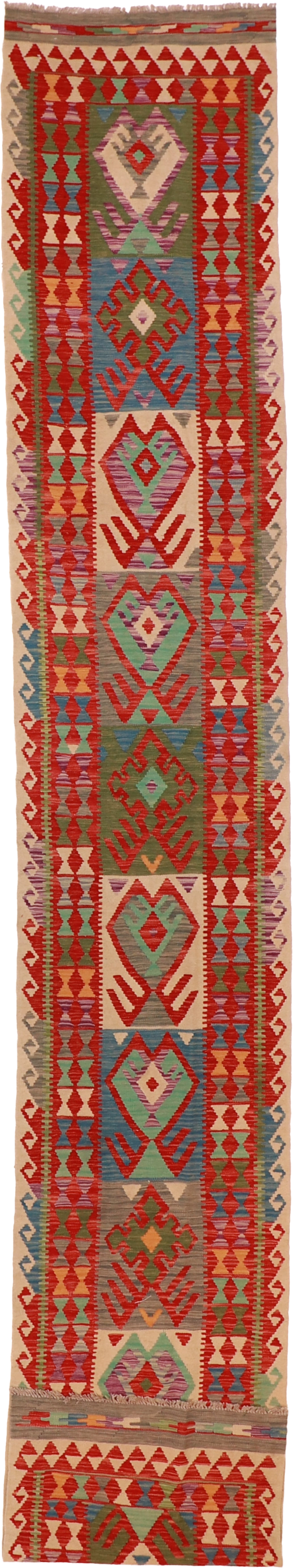 W 2.7 L 16.4 Kilim Runner 100% Wool Hand-Woven Geometric Design - 63380