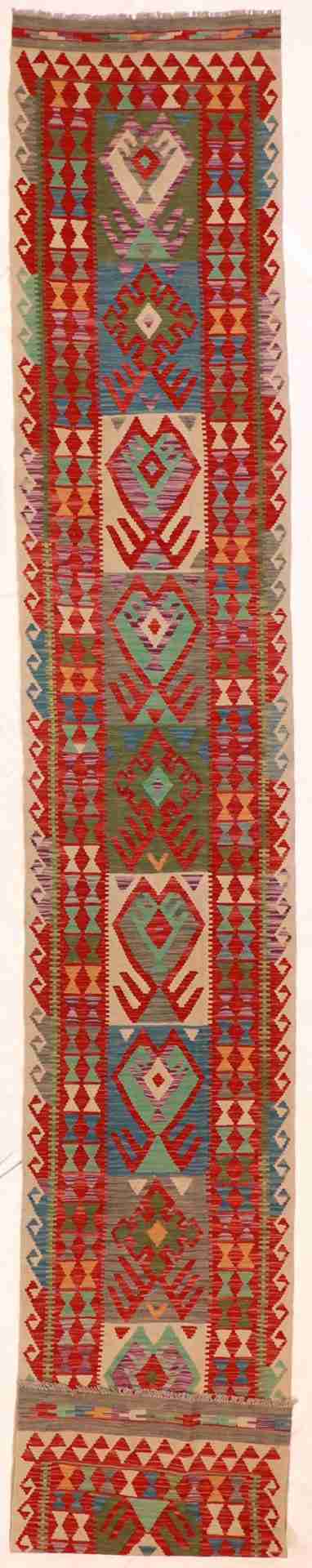 W 2.7 - L 16.4 - Kilim Fine/Wool Geometric Rectangle - Finest Hand-Made Quality Wool - 63380