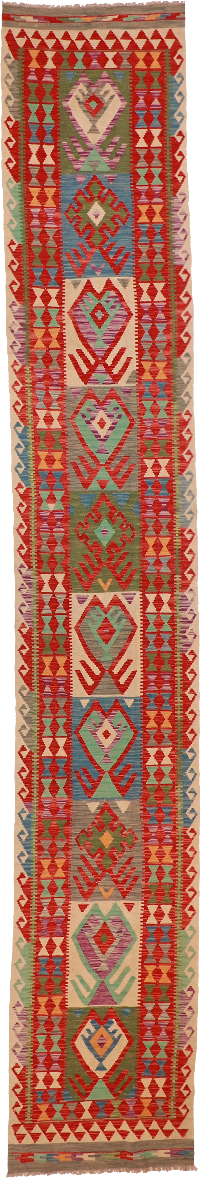 W 2.7 L 16.4 Kilim Runner 100% Wool Hand-Woven Geometric Design - 63380