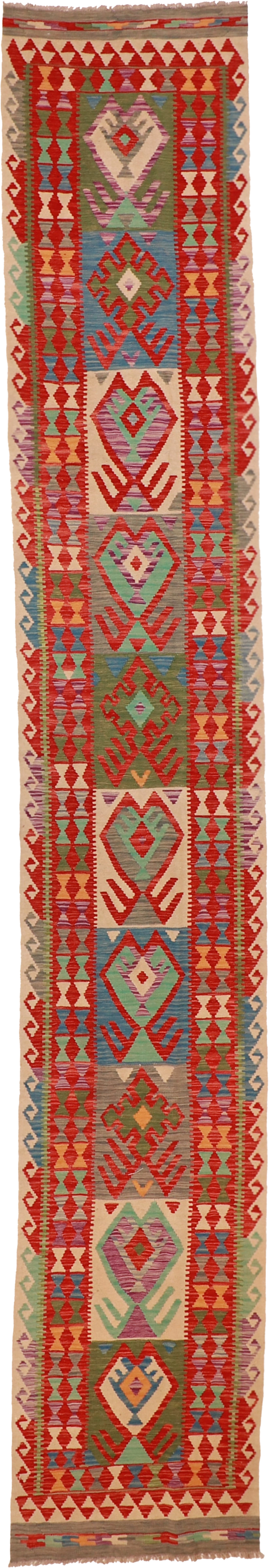 W 2.7 L 16.4 Kilim Runner 100% Wool Hand-Woven Geometric Design - 63380