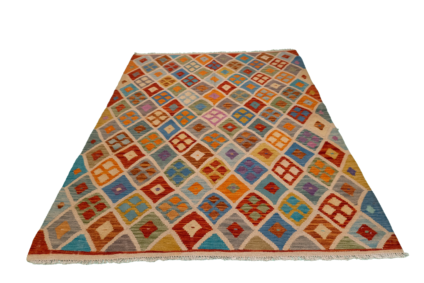 W 4.10 - L 6.4 - Kilim Fine/Wool All Over Rectangle - Finest Hand-Made Quality Wool - 63707